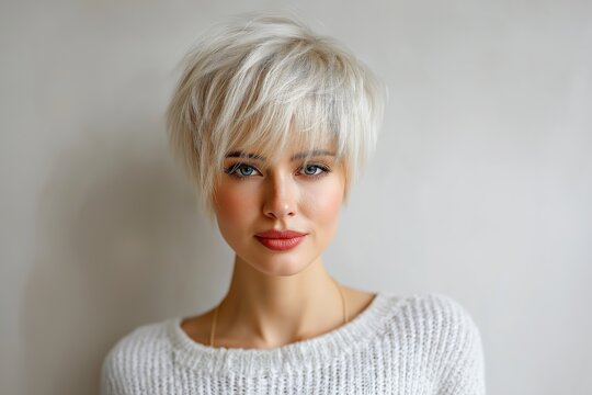 A woman with a platinum blonde pixie cut poses confidently against a neutral background