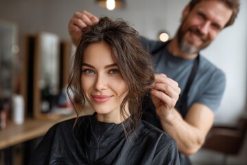 Fototapeta premium A woman smiles while a hairstylist adjusts her hair in a barbershop. T