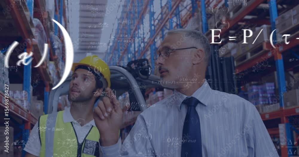 Poster supervisor pointing at warehouse racks, guiding worker with animated formulas, schematics drifting