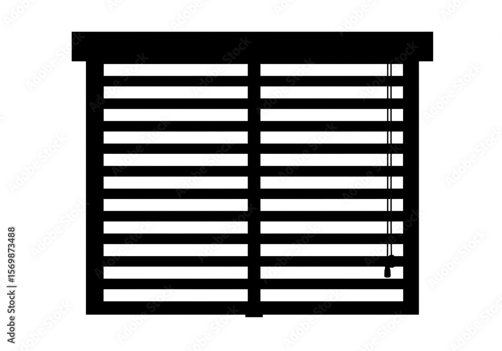 Poster illustration of a closed window blind with multiple horizontal slats in black and white color