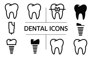 Dental Care Icon Set – Tooth Implants, Braces, and Damaged Teeth in Line Style