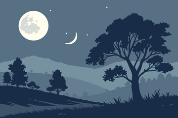 Full moon and crescent moon over silhouetted trees and hills