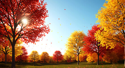Autumn trees vibrant foliage sunlit sky fall