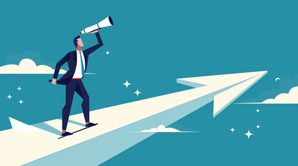 Successful businessman standing on the arrow, which pointing up as symbol of achievement, success and developing business in successful way. Businessman looking forward with the telescope