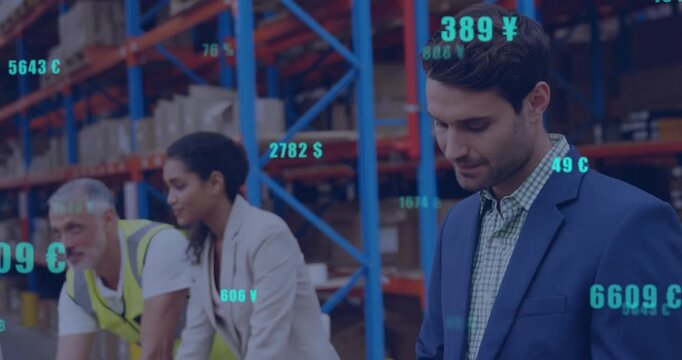 Manager tapping tablet in business sending floating currency metrics as team reviewing stock values