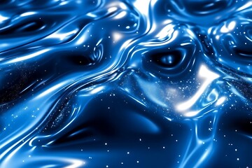 Abstract blue liquid surface with sparkling particles and smooth waves