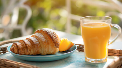 Sunny Breakfast Tray with Croissant and Orange Juice,hospitality and breakfast concept, weekend breakfast inspiration, fresh juice and bakery combo, peaceful morning tray image