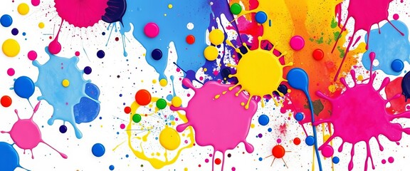 Vibrant, abstract paint splatters and colorful ink stains in various shapes and sizes, wet and messy, bright, dynamic