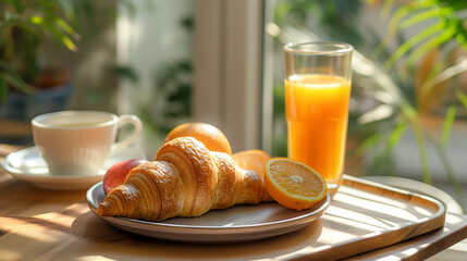 Sunny Breakfast Tray with Croissant and Orange Juice,hospitality and breakfast concept, weekend breakfast inspiration, fresh juice and bakery combo, peaceful morning tray image