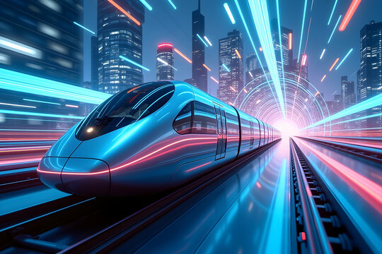 Futuristic Maglev Train Speeding Through a Metropolis with Neon Trails of Light and Sleek Silver Design in a Captivating Sci-Fi Ambience