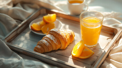 Sunny Breakfast Tray with Croissant and Orange Juice,hospitality and breakfast concept, weekend breakfast inspiration, fresh juice and bakery combo, peaceful morning tray image