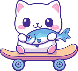 Cute Cartoon Cat on Skateboard Holding Fish Isolated on White
