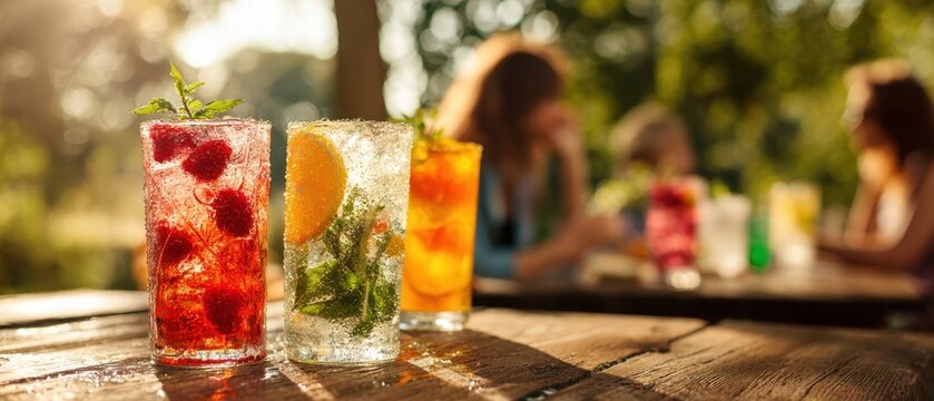 The vibrant collection of refreshing summer cocktails on a wooden table.