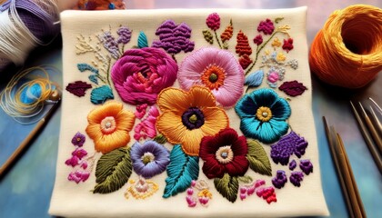 Obraz premium handmade embroidered art of cute flowers