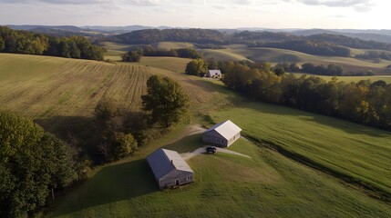 Aerial View Rural Farmhouse Rolling Hills Green Fields Autumn