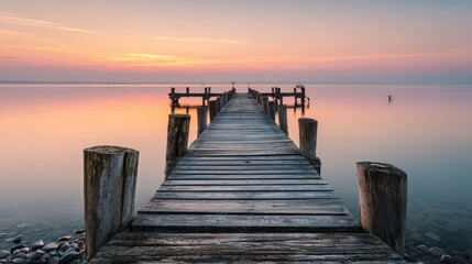 Fototapeta premium Serene Wooden Pier at Sunrise Over Calm Waters with Soft Pink and Orange Sky Reflections in Tranquil Landscape