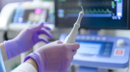 Ultrasonography (USG) hand holding ultrasound probe and coupling gel prepare for diagnostic.