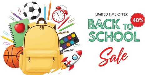Back to school sale banner with school supplies backpack and limited time offer for education promotion design