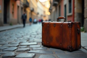 Vintage Leather Suitcase on Cobblestone Street, Ready for Adventure - A nostalgic image evoking journeys, exploration, and untold stories of heritage and expedition.