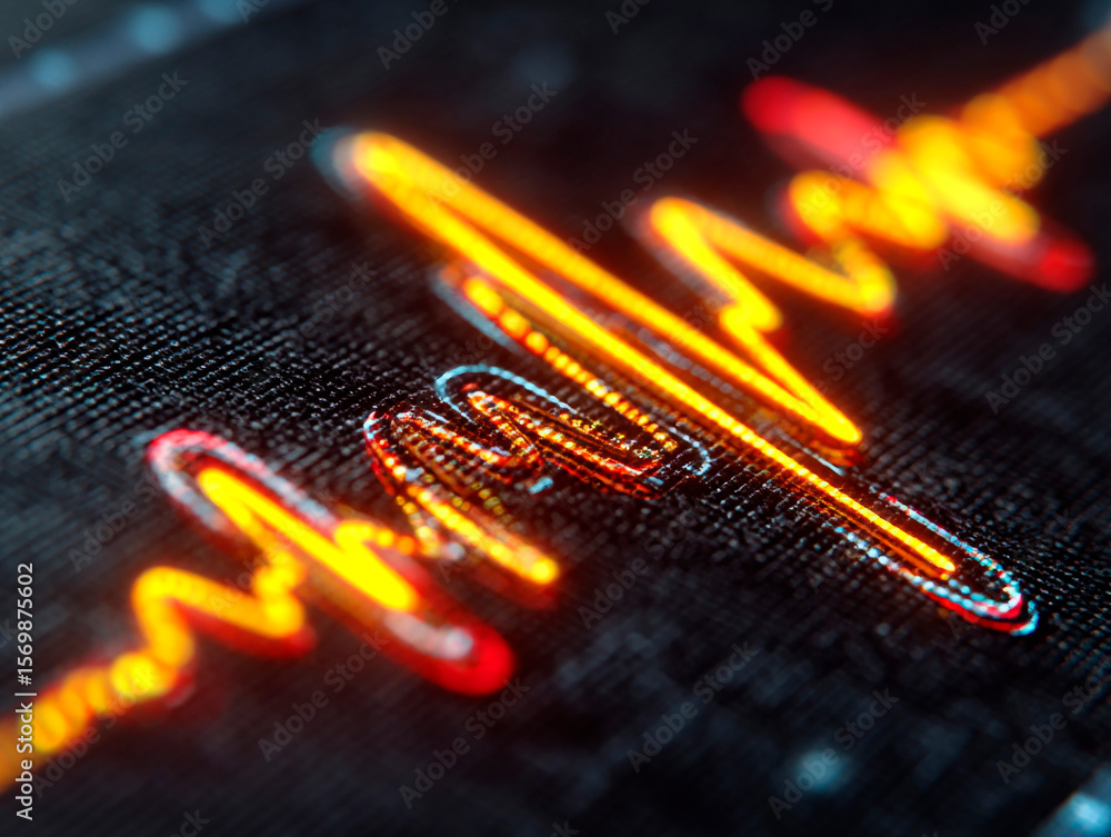 Poster closeup of a glowing orange and red digital waveform on a dark screen, representing modern technolog
