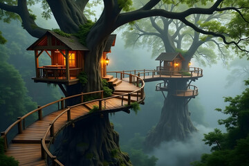 Enchanting Treehouse Village, A Mystical Abode Suspended Among Ancient Trees in a Dreamy Forest Setting