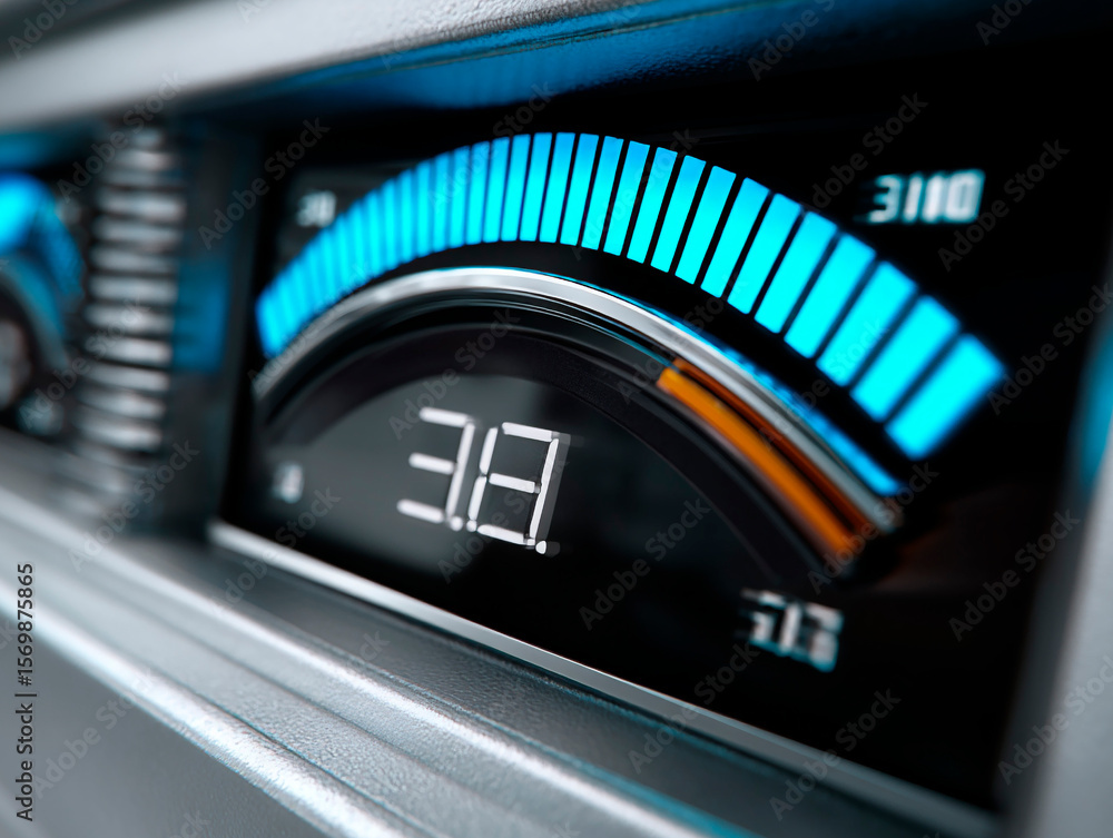 Poster closeup of a modern digital gauge with illuminated blue and orange indicators and numeric display, i