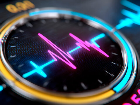 Closeup of a futuristic digital gauge with vibrant pink, blue and yellow waveforms and illuminated circular interface, symbolizing technology and precision monitoring
