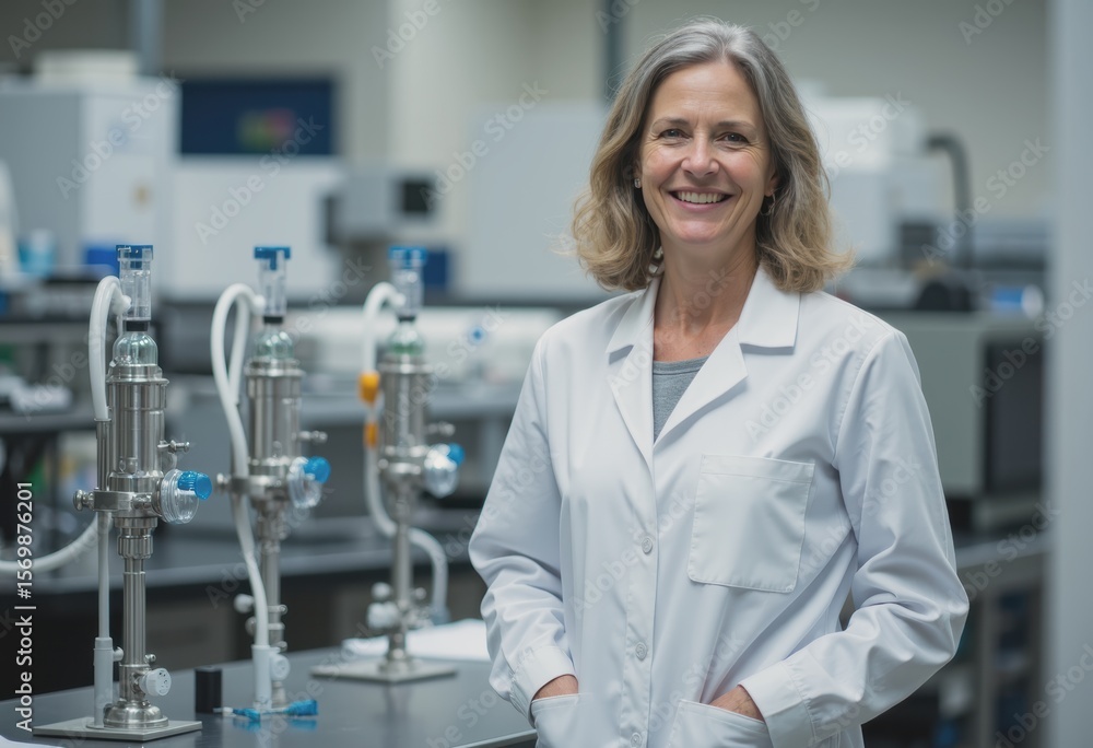 Poster research scientist smiling in a laboratory with bioreactors