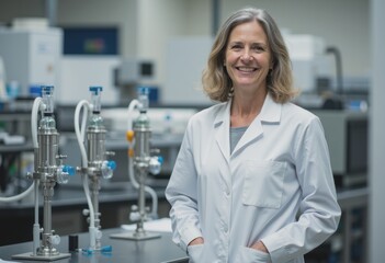 Research scientist smiling in a laboratory with bioreactors