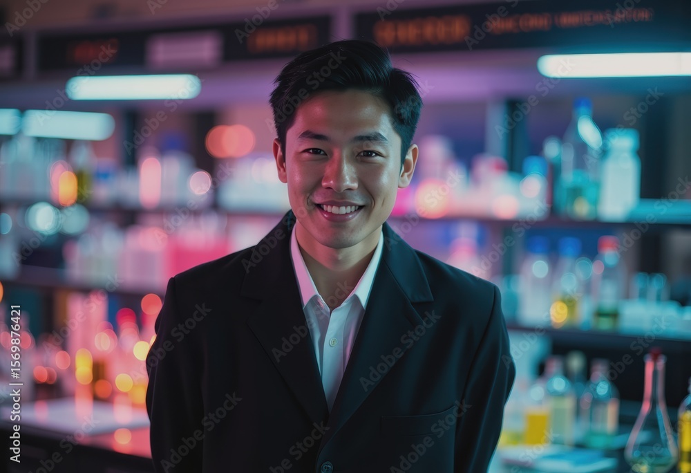 Poster confident experiment supervisor smiling in a vibrant laboratory setting
