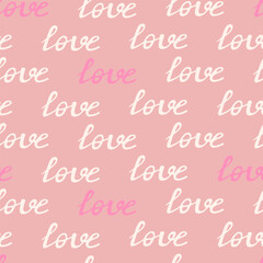 Cute romantic seamless pattern with hand written love lettering. Vector illustration.