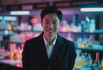 Fototapeta premium Confident experiment supervisor smiling in a vibrant laboratory setting