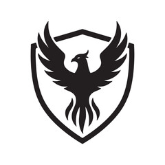 Obraz premium Black phoenix silhouette with spread wings inside a shield emblem in a minimalist illustration style