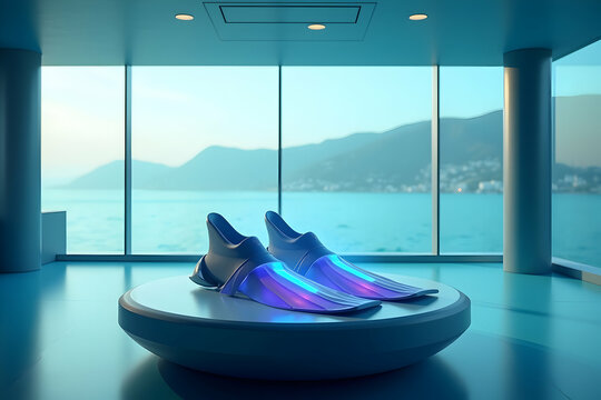 Futuristic aquatic footwear designed for advanced training displayed in a high tech aquatic center setting