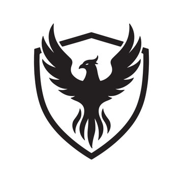 Black phoenix silhouette with spread wings inside a shield emblem in a minimalist illustration style