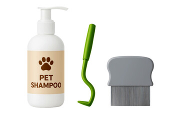 Pet grooming set with shampoo, tick remover, and flea comb for hygienic coat cleaning on transparent background, PNG