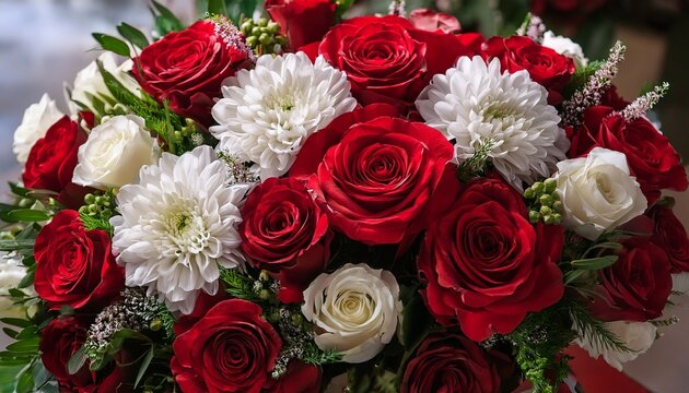 a lavish arrangement of lush red roses white carnations and verdant foliage perfect for a special valentine s day