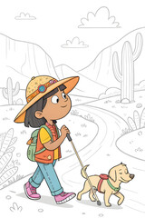 Coloring page of a child hiking with a dog in a desert landscape, featuring cacti and mountains

