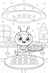 Alien cartoon character with joy baking cookies in a cozy kitchen background