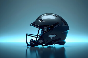 Futuristic Football Helmet with Intricate Curve Design Showcasing Advanced Technology and Sleek Aesthetics on a light blue reflective surface