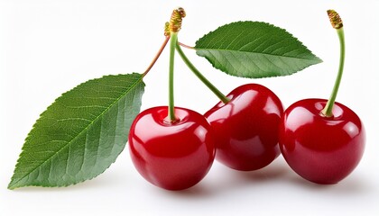 fresh ripe organic sour cherries on branch with leaves isolated on a white background
