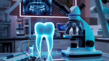3D Human Tooth Anatomy concept. A futuristic dental laboratory featuring a microscope and a glowing tooth model, emphasizing scientific research in oral health