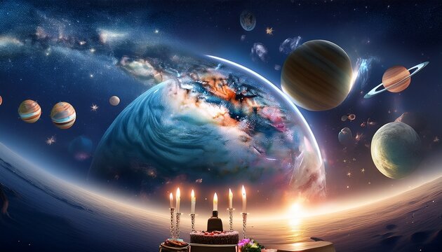 a delightful scene capturing the imagination of a birthday in space