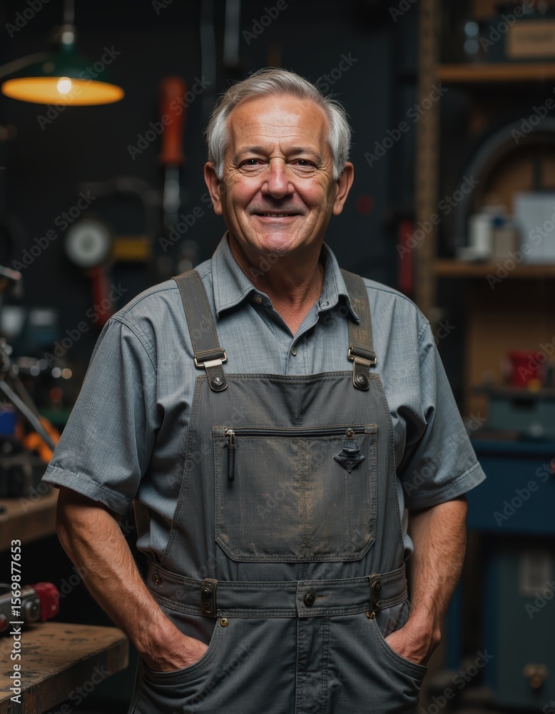Poster machine technician in overalls smiling confidently in a workshop setting