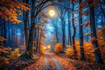 Fototapeta premium Autumnal Forest Path: Mystical Moonlight, Orange Leaves, Misty Enchantment