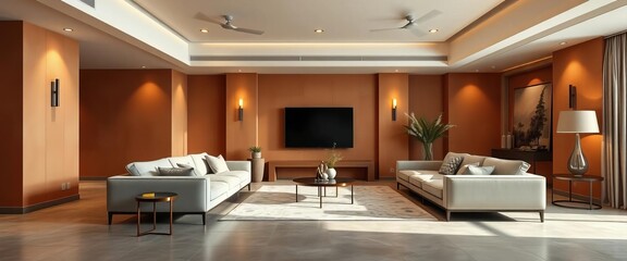 Warm brown beige walls, light gray luxury lounge furniture, microcement floor, empty background, rich interior design,  high-end,  art nouveau
