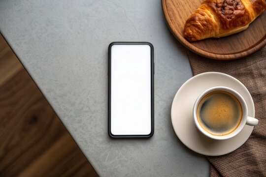 Smartphone Mockup. A smartphone beside a cup of coffee and croissant on a textured table surface, creating a cozy breakfast scene.