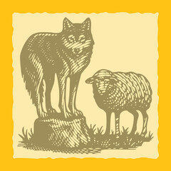 Heavy lined effect postal stamp vector of a wolf pretending to be a sheep standing on a stone, wild animal disguise illustration, nature concept, rugged outdoor wildlife art