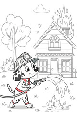Cartoon dalmatian puppy firefighter, spraying water on fire, standing in front of house, copy space
