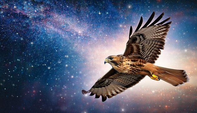 radiant hawk soaring in a cosmic background